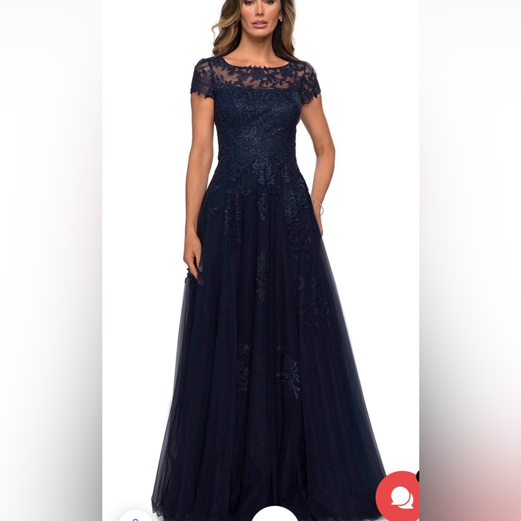 La Femme Navy Lace Applique Maxi Gown